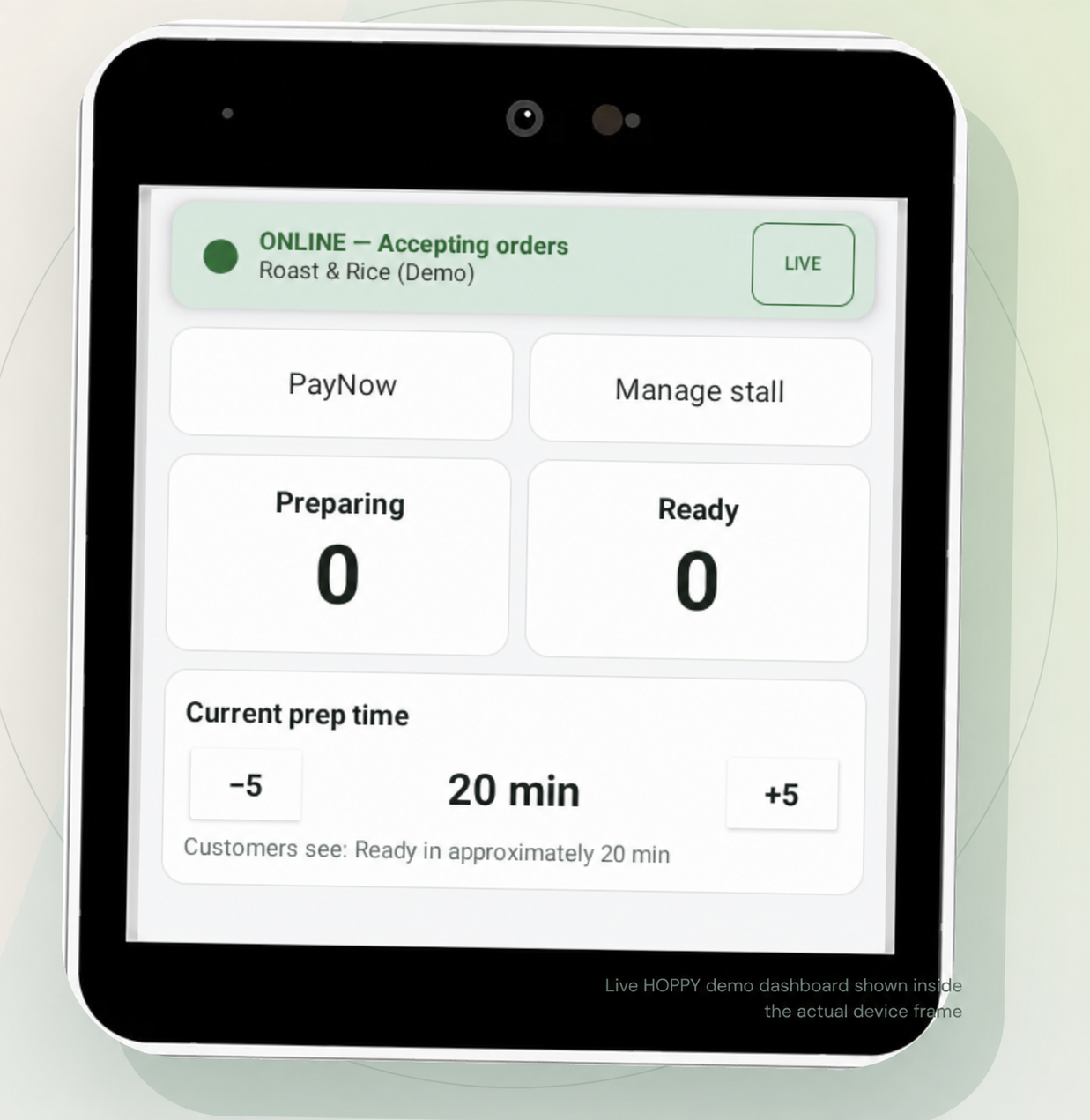 HOPPY dashboard showing PayNow, stall management, order status, and preparation time controls