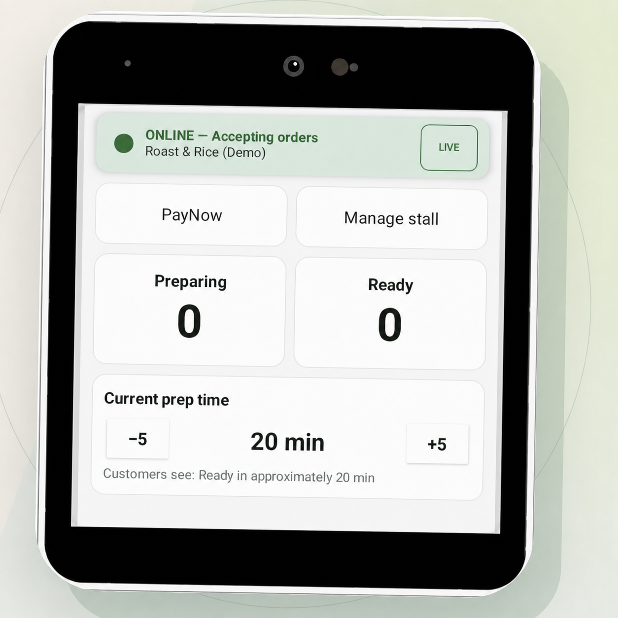 HOPPY dashboard showing PayNow, stall management, order status, and preparation time controls
