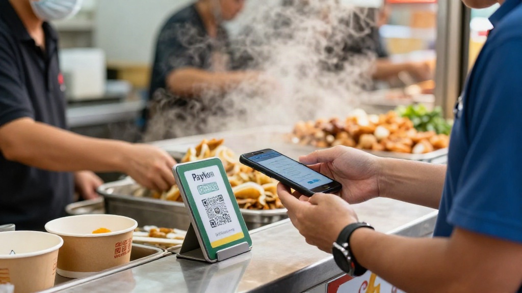 Customer making a PayNow payment at a busy hawker stall