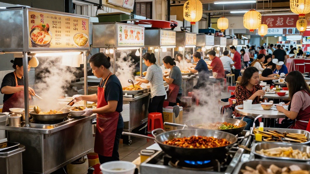 Hawkers preparing food for customers inside a busy Singapore hawker centre