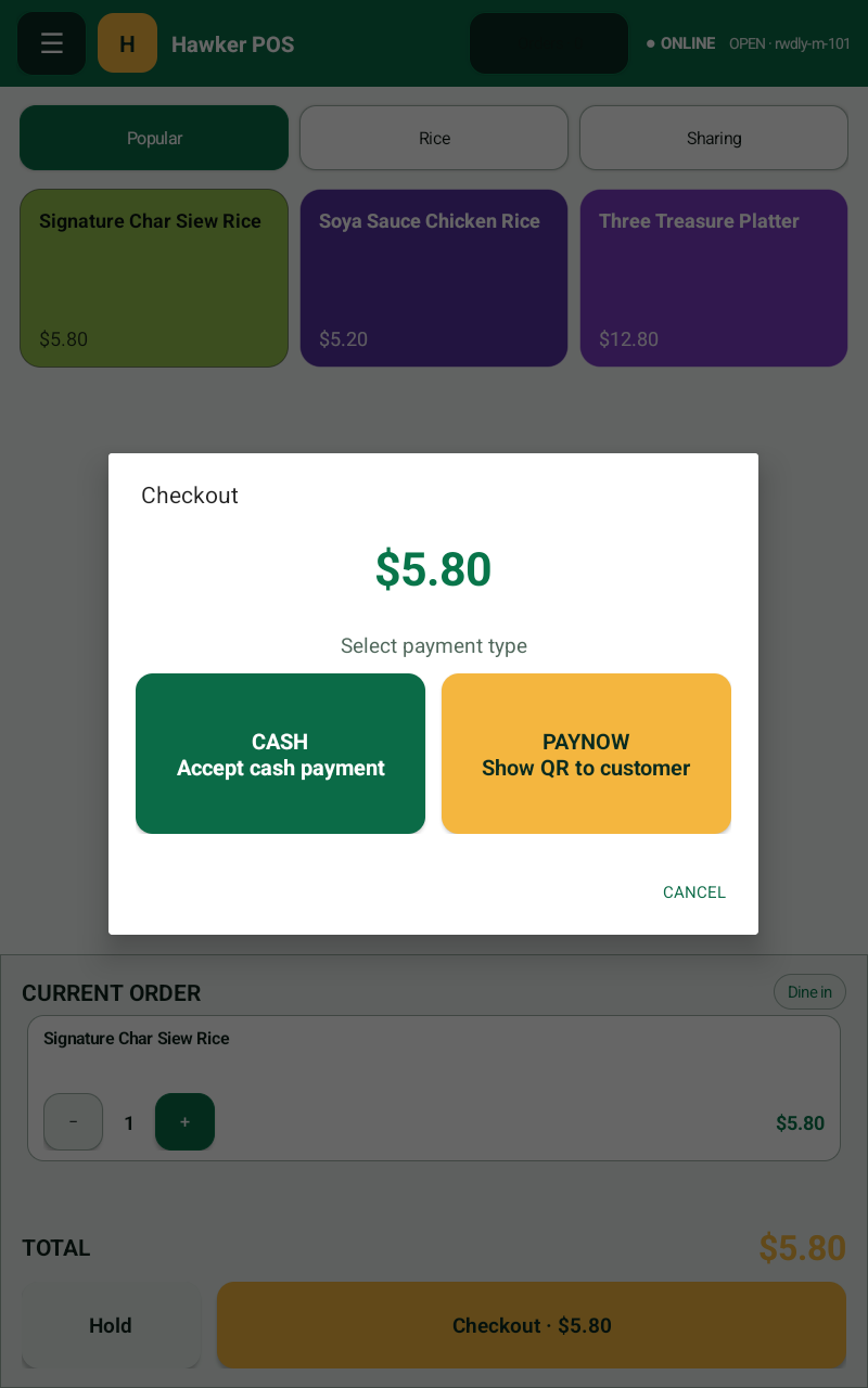 Hawker POS checkout screen